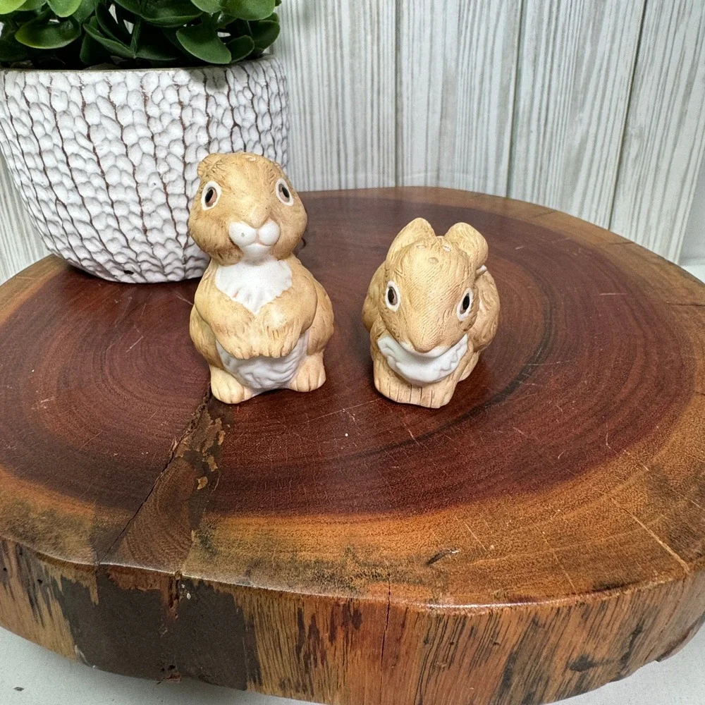 Vintage Ceramic Bunny Rabbit Salt and Pepper Shakers Set Tan White Easter Decor